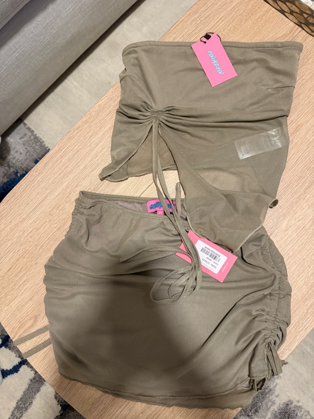 Edikted Olive Green Two-Piece Ruched Mesh Set